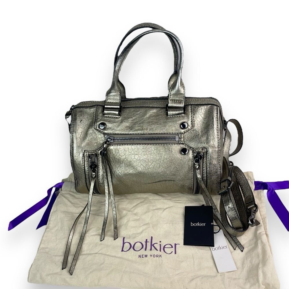 🆕 Botkier Logan Convertible Leather Boston Satchel Bag in Metallic Pewter